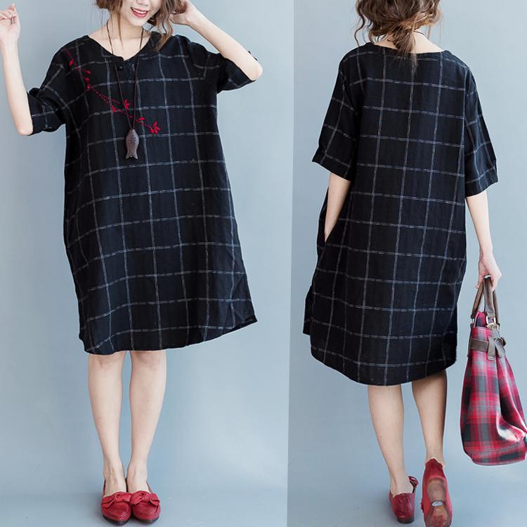 Black embroideried flower grid summer linen dress oversize sundresses casual shift dress - Omychic