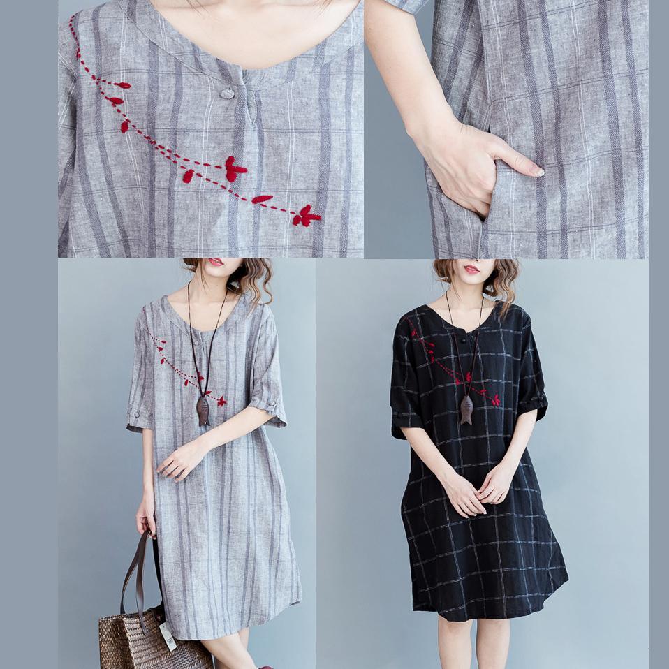Black embroideried flower grid summer linen dress oversize sundresses casual shift dress - Omychic