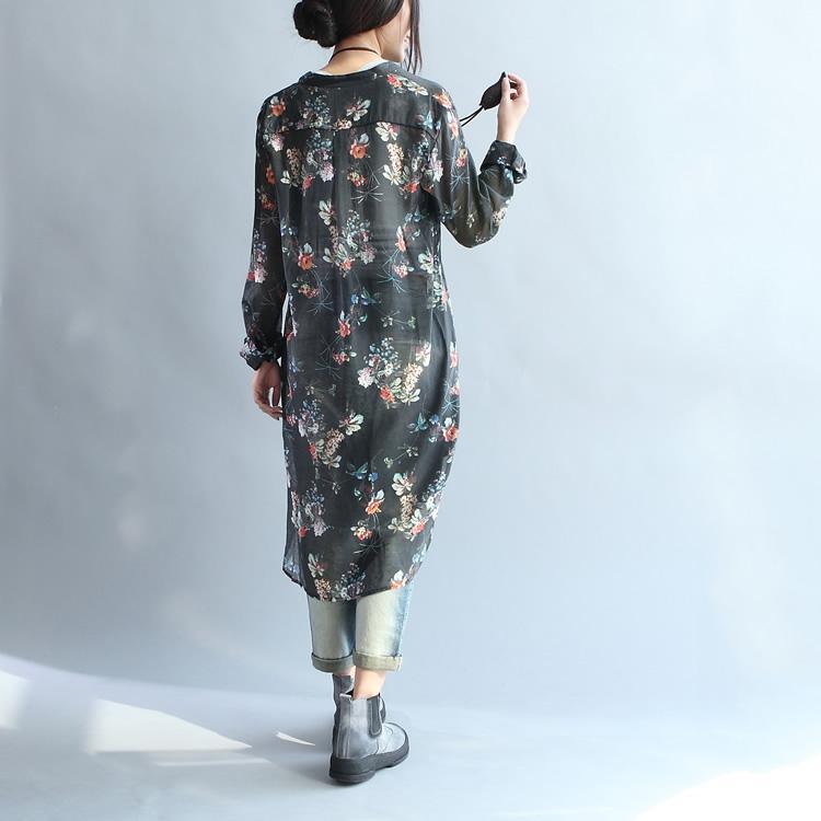 Black floral print long silk shirts tunic cotton dresses - Omychic