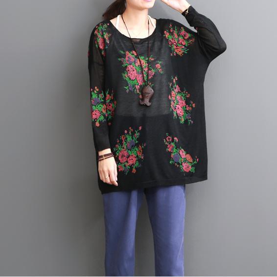 Black floral summer women blouse oversize top shirts - Omychic