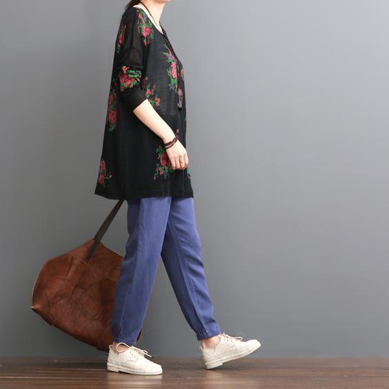 Black floral summer women blouse oversize top shirts - Omychic