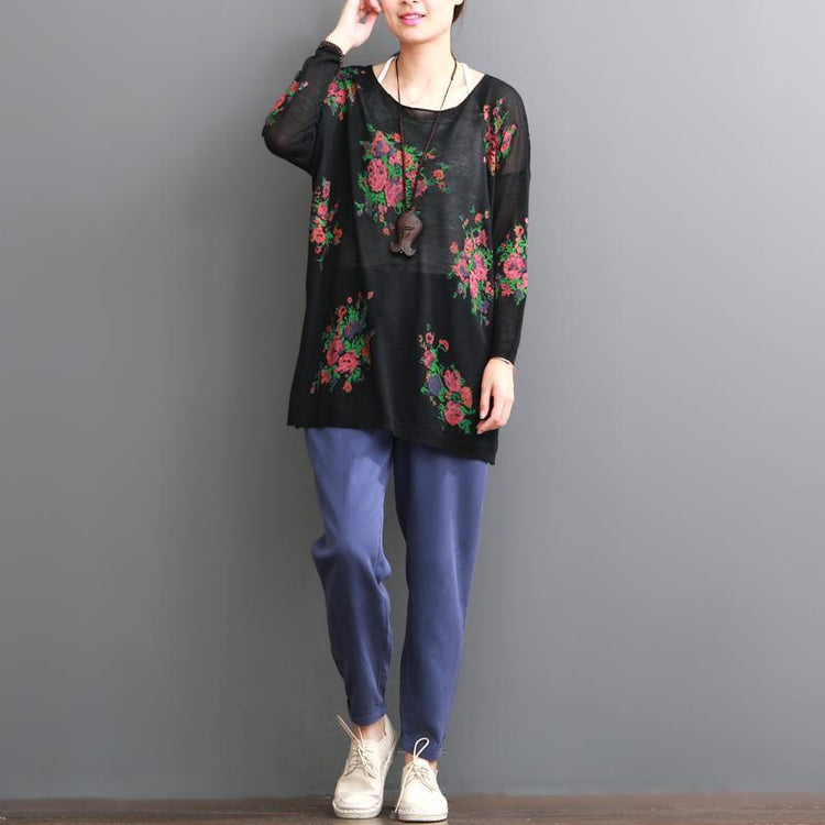 Black floral summer women blouse oversize top shirts - Omychic