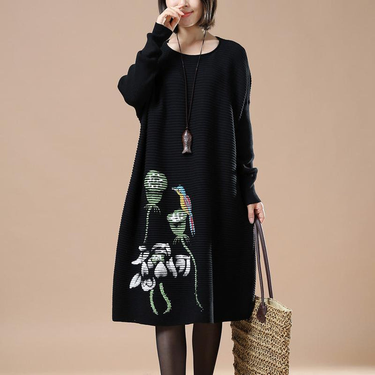 Black floral sweaters long knit dress - Omychic