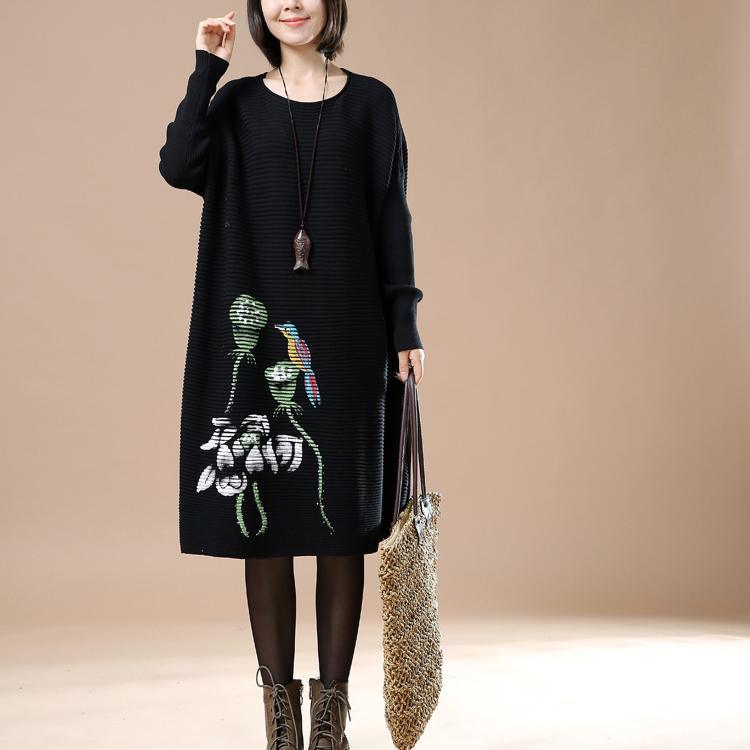 Black floral sweaters long knit dress - Omychic
