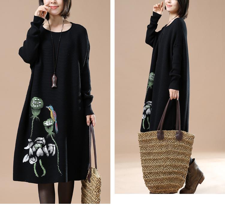 Black floral sweaters long knit dress - Omychic