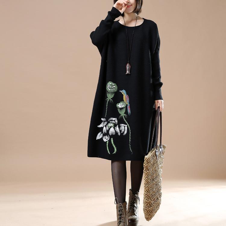 Black floral sweaters long knit dress - Omychic