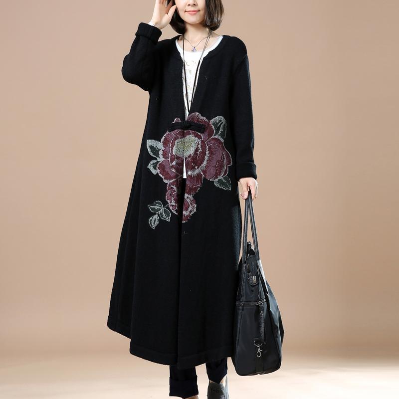 Black floral sweaters long knitted cardigans - Omychic