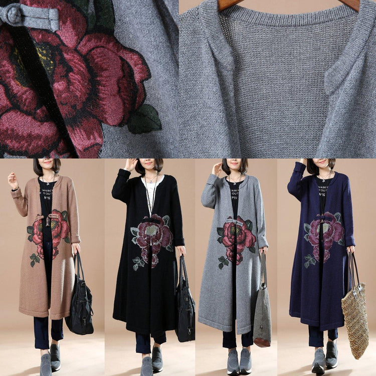Black floral sweaters long knitted cardigans - Omychic