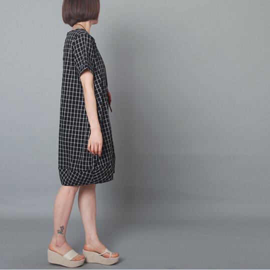 Black grid baggy sundress plus size cotton summer dress maternity dressess - Omychic