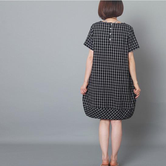 Black grid baggy sundress plus size cotton summer dress maternity dressess - Omychic