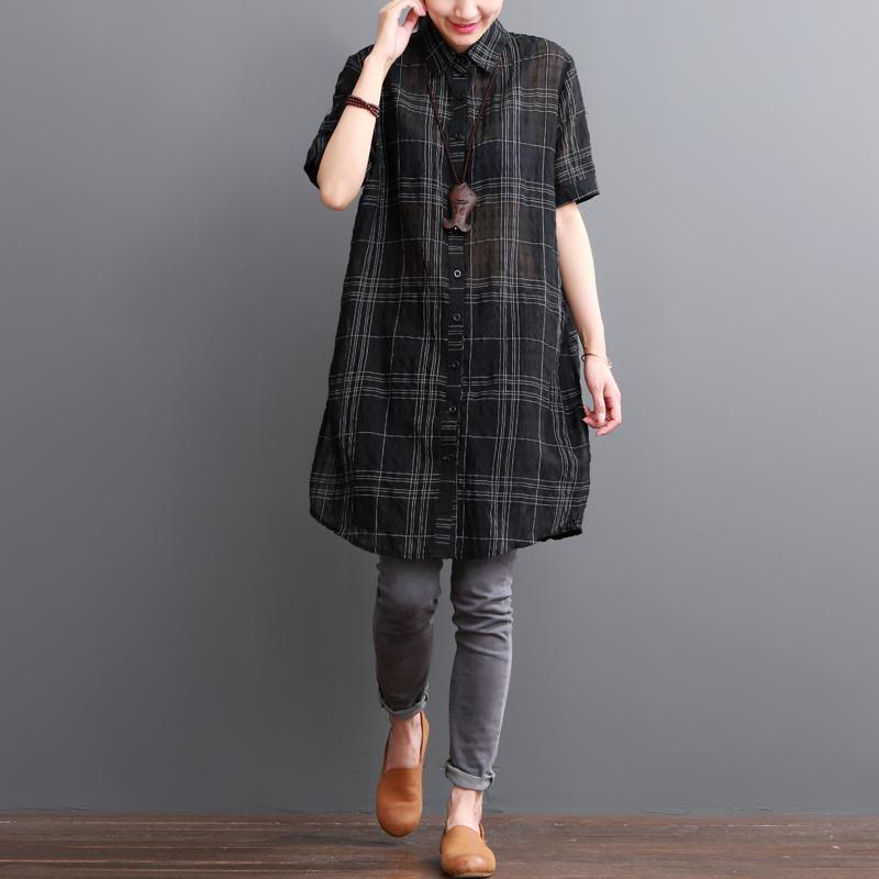 Black grid cotton shirt dress summer dresses sundress - Omychic