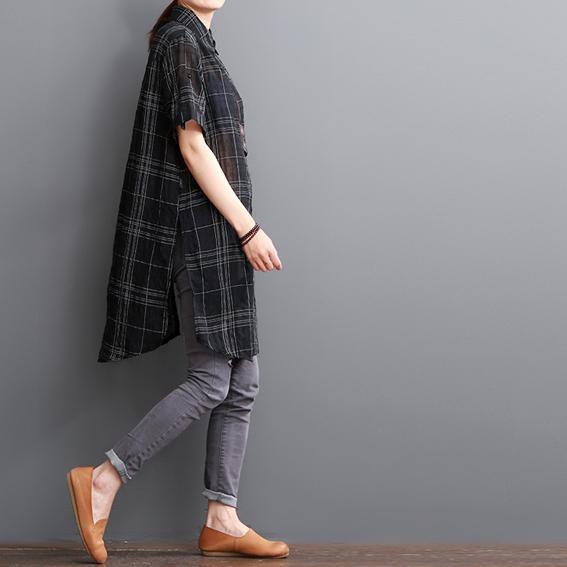 Black grid cotton shirt dress summer dresses sundress - Omychic