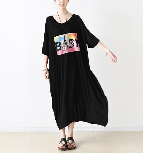 Black half sleeve tunic cotton maxi dress summer dresses - Omychic