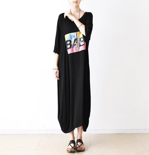 Black half sleeve tunic cotton maxi dress summer dresses - Omychic
