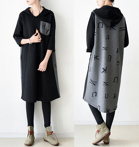 Black hooide cotton dresses letters print back causal coats pullover 2017 spring - Omychic