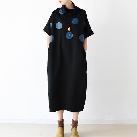 Black joyful dots pullover cotton dresses plus size caftans turtle neck - Omychic