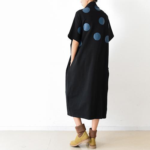 Black joyful dots pullover cotton dresses plus size caftans turtle neck - Omychic