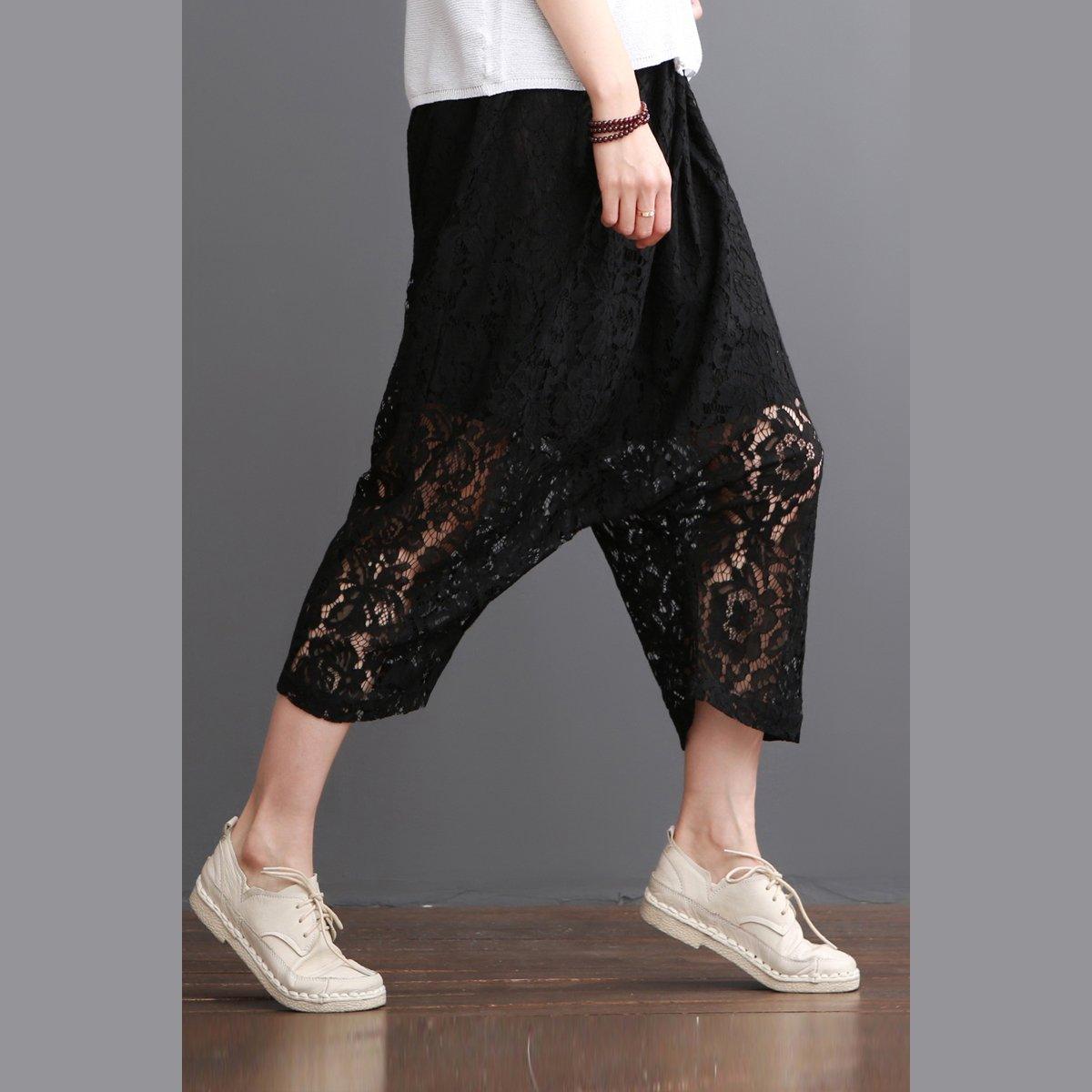 Black lace pants crop lace pants summer short harem trousers - Omychic