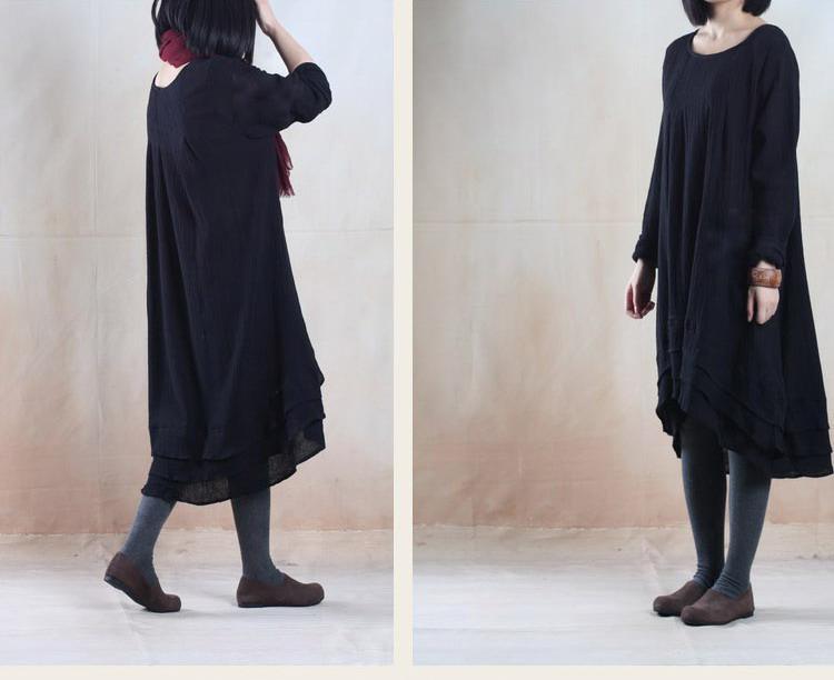 Black layered linen dress oversize vintage maxi spring dress - Omychic