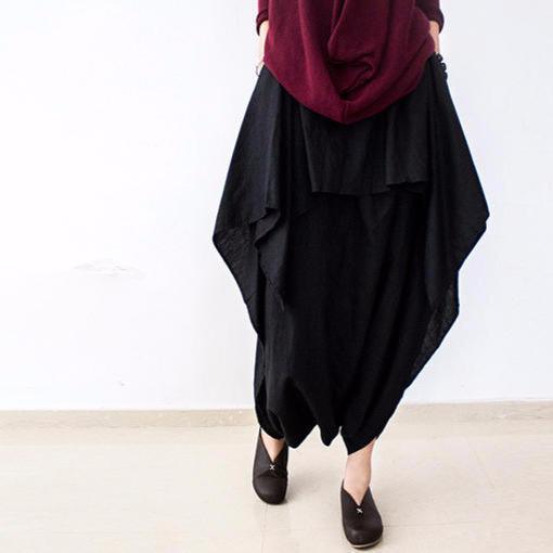 Black layered linen pants oversized cotton trousers - Omychic