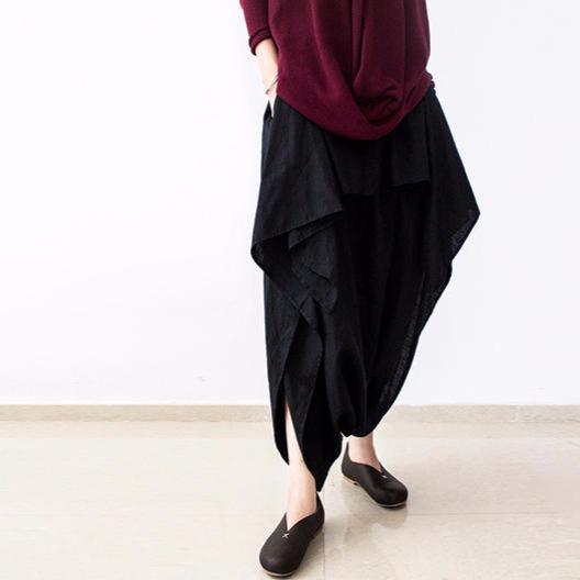 Black layered linen pants oversized cotton trousers - Omychic