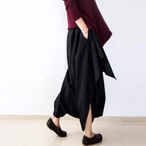 Black layered linen pants oversized cotton trousers - Omychic