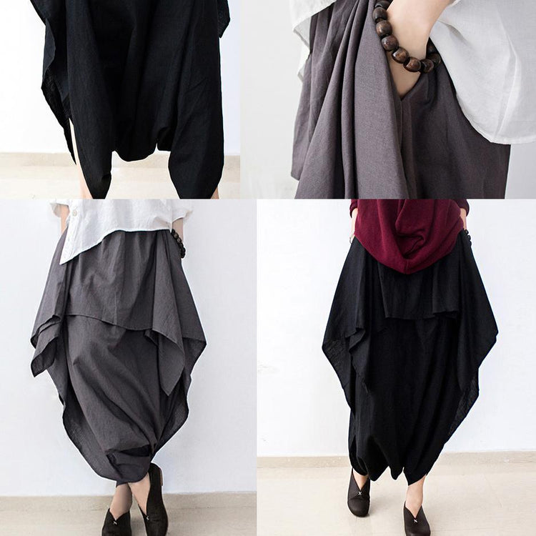 Black layered linen pants oversized cotton trousers - Omychic