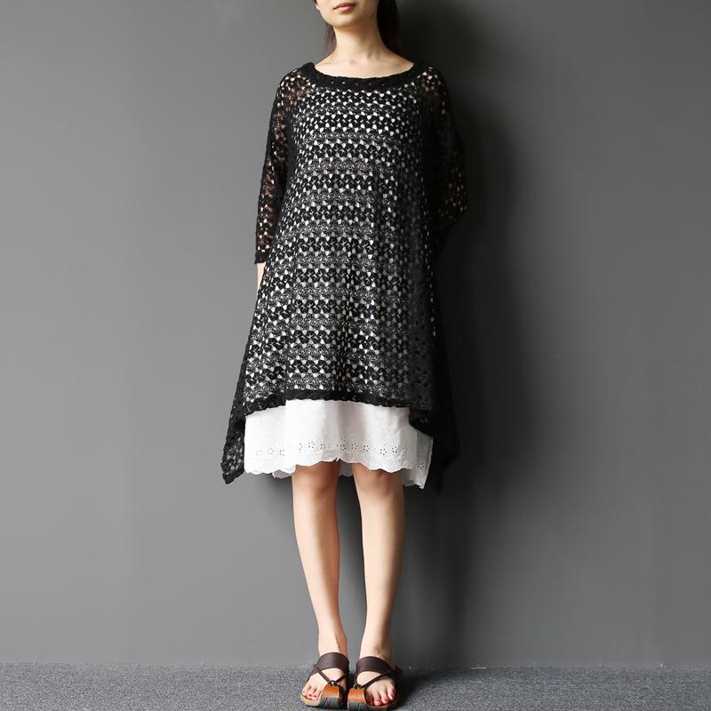 Black layered new cotton dresses oversize pullover asymmetrical - Omychic