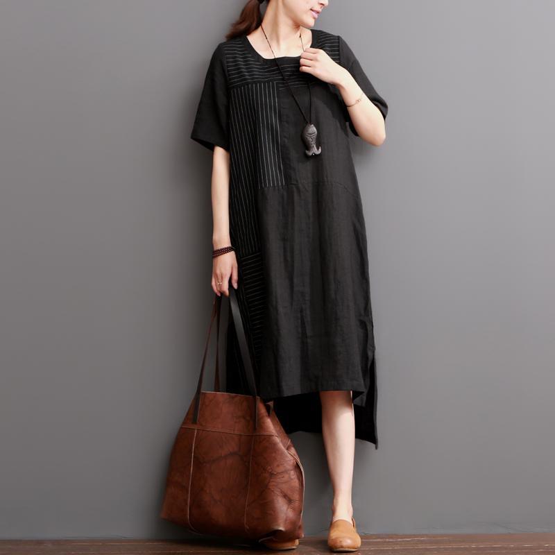 Black linen dress short sleeve summer maxi dress plus size - Omychic