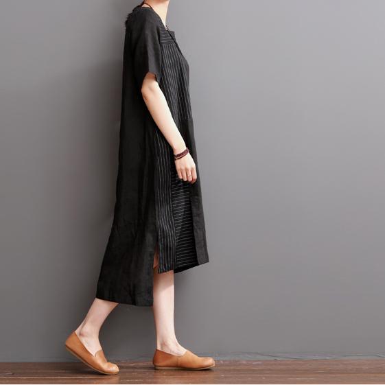 Black linen dress short sleeve summer maxi dress plus size - Omychic