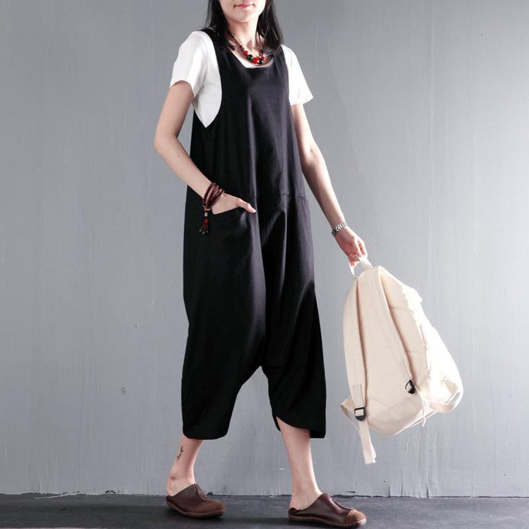 Black linen jumpsuits strap pants plus size retro style - Omychic