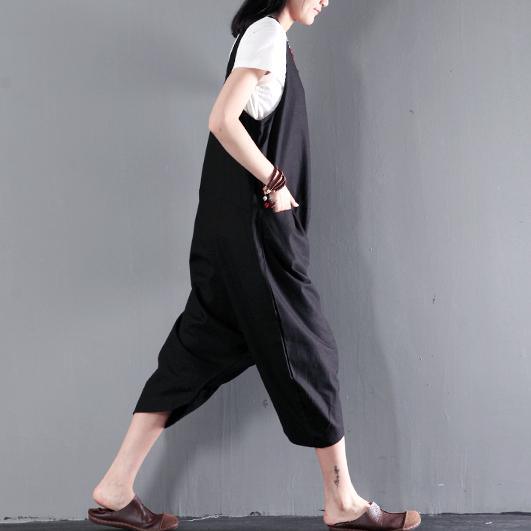 Black linen jumpsuits strap pants plus size retro style - Omychic
