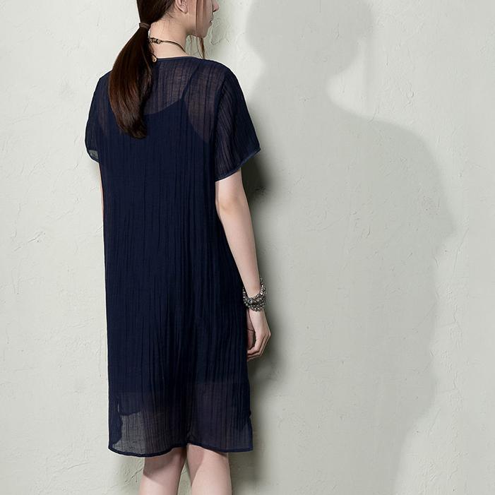 Navy linen sundress summer shift dresses plus size shirt blouse - Omychic