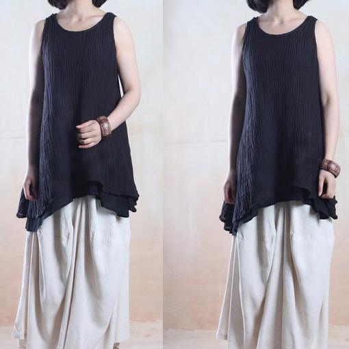 Black linen tank tops layered shirt asymmetrical design - Omychic