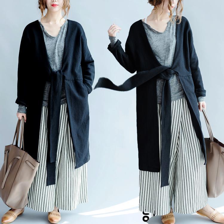 Black long knit cardigans women unique knitted sweater coats cotton - Omychic