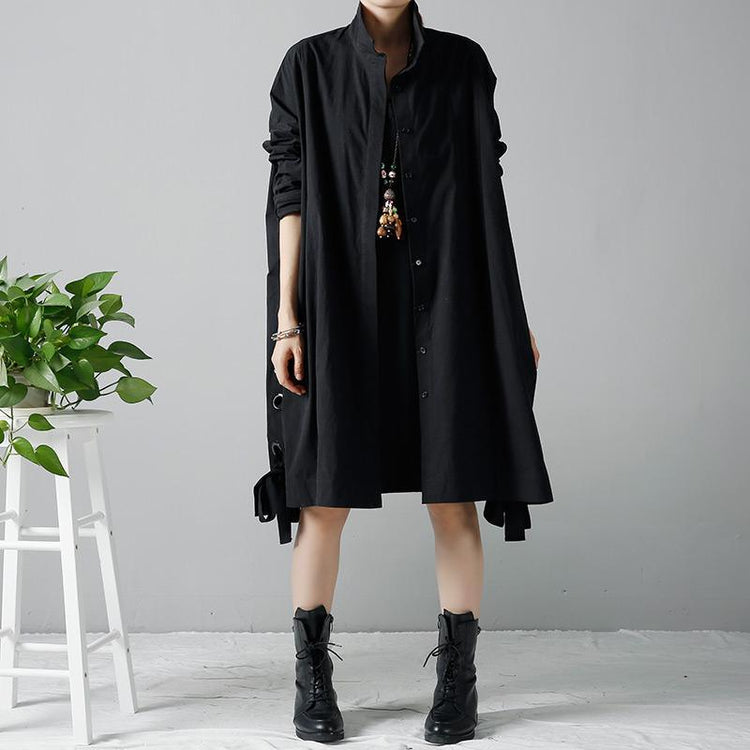 Black oversize long coats loose cardigans drawstring hem - Omychic