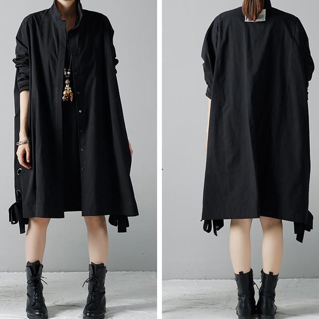 Black oversize long coats loose cardigans drawstring hem - Omychic