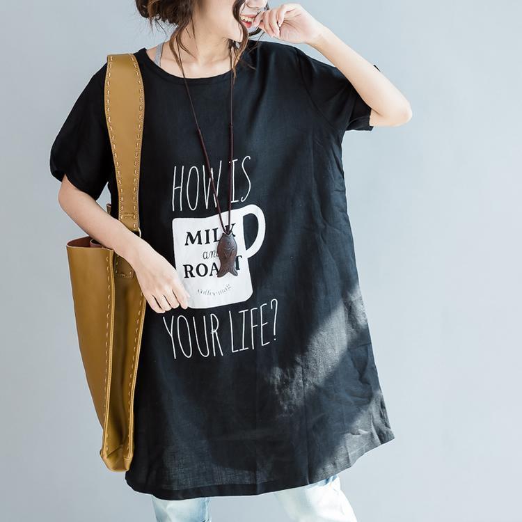 Black oversize print linen blouses linen dresses shirts - Omychic