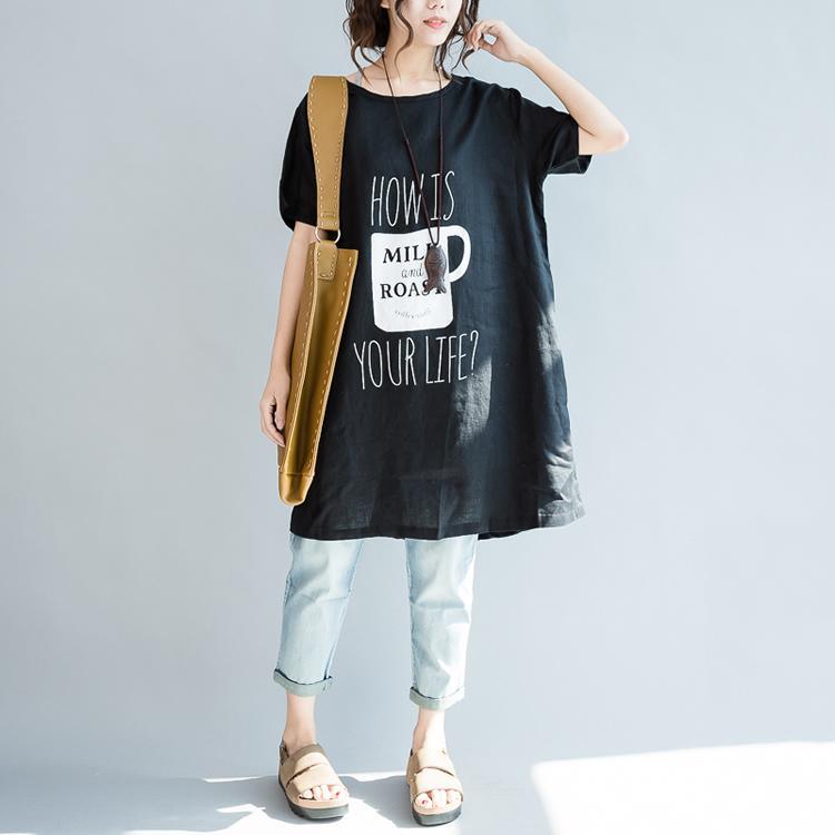 Black oversize print linen blouses linen dresses shirts - Omychic