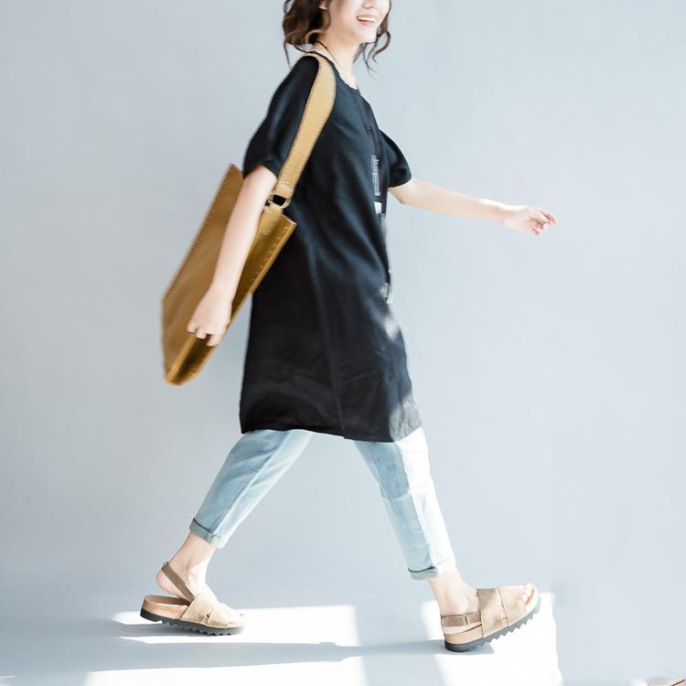 Black oversize print linen blouses linen dresses shirts - Omychic