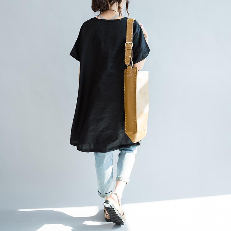 Black oversize print linen blouses linen dresses shirts - Omychic