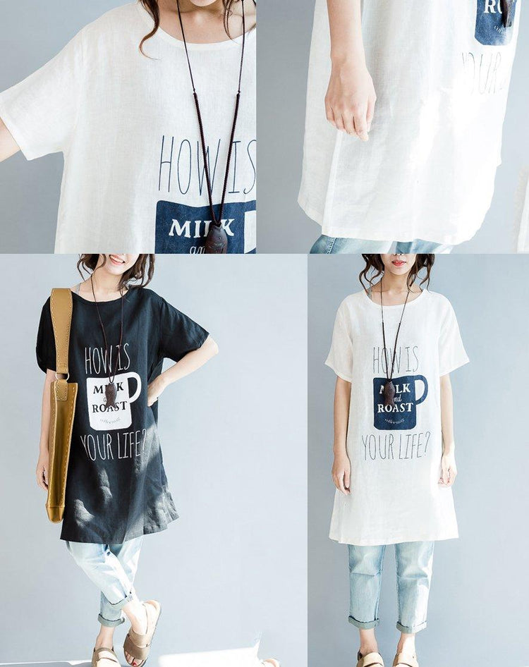 Black oversize print linen blouses linen dresses shirts - Omychic