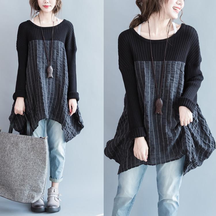 Black patchwork sweater dress baggy knit sweater blouse oversize winter cute maternity dresses - Omychic