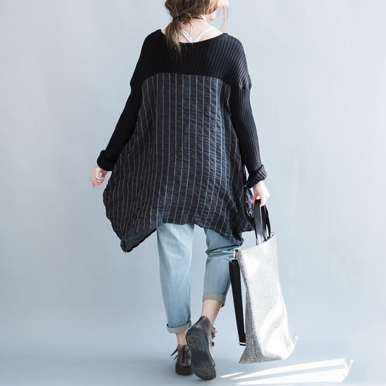 Black patchwork sweater dress baggy knit sweater blouse oversize winter cute maternity dresses - Omychic