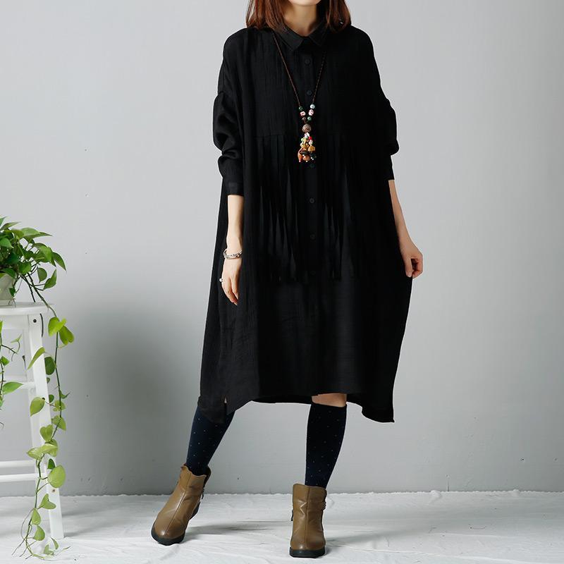 Black plus size dresses woman winter dress tasseled - Omychic