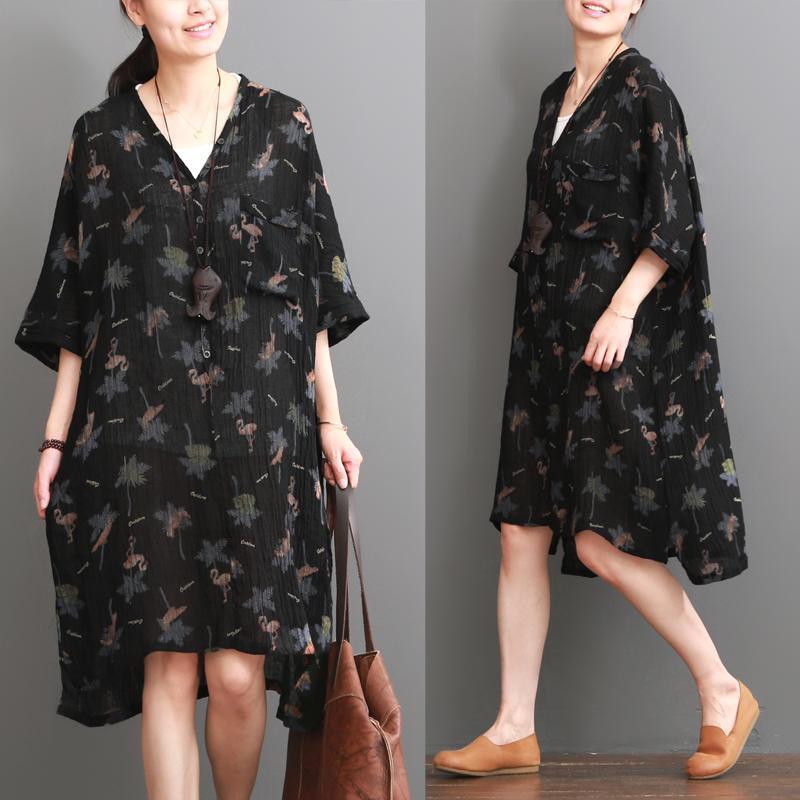 Black print casual dress summer cotton dresses plus size sundress - Omychic