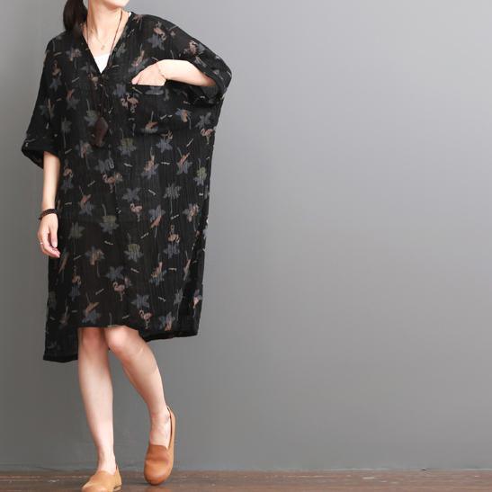 Black print casual dress summer cotton dresses plus size sundress - Omychic