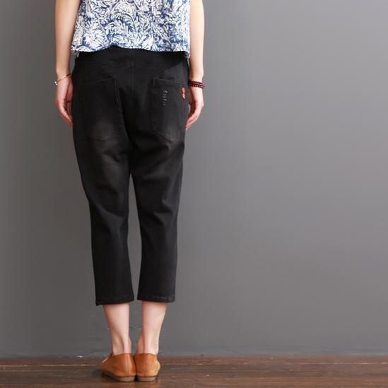 Black ripped pants for summer women crop trousers - Omychic