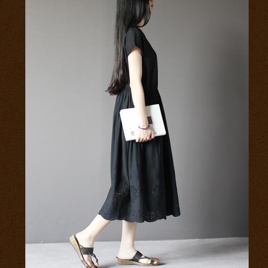 Black short sleeve cotton sundress plus size summer maxi dresses - Omychic