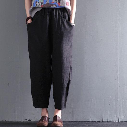 Black simple style linen summer pants causal style - Omychic
